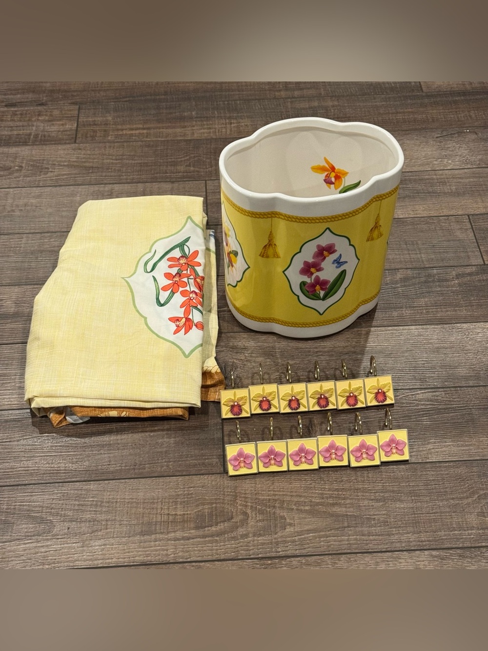 Vintage Lynn Chase Orchids Only Ceramic Wastebasket Shower Curtain & Hooks RARE